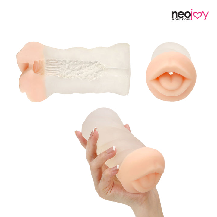 Neojoy - Transparant Dual Color Blowjob Handheld Masturbator - 0.29kg - Dual Color White Skin & Clear